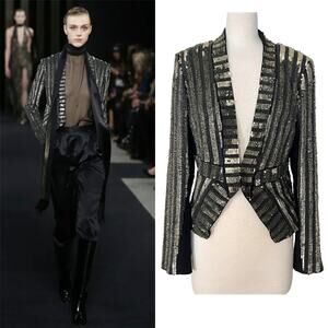 J. Mendel 2015 FW Sequin Stripe Silk-Lined Blazer Jacket Black Size 8